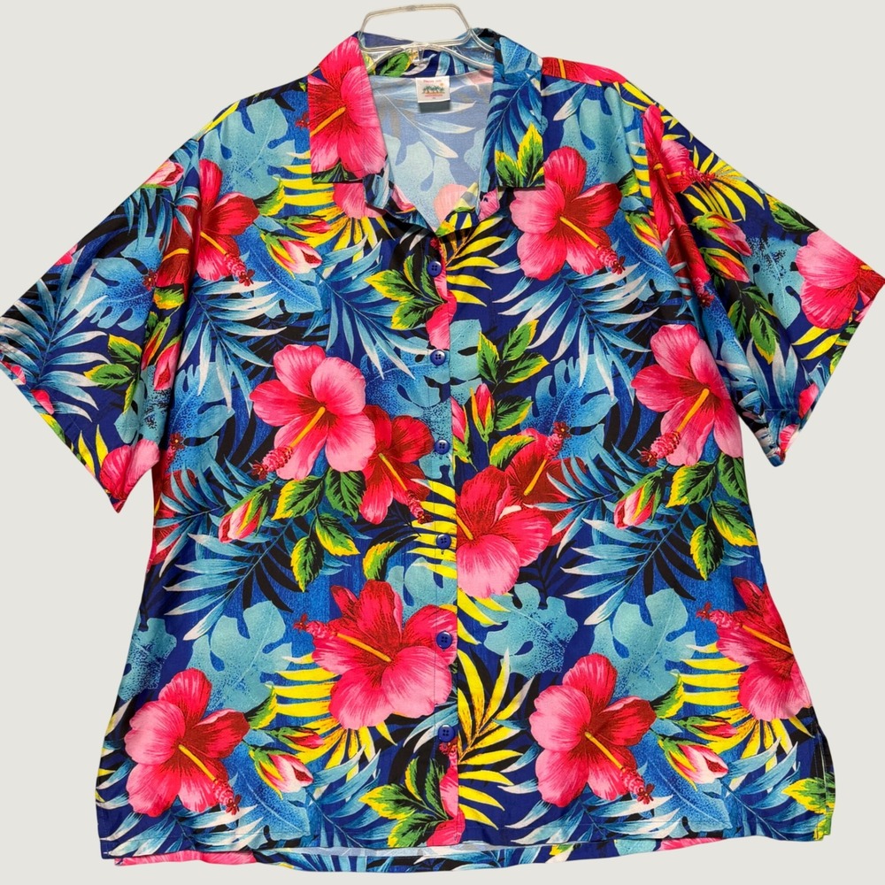 Happy Bay Womens XL‎ Tropical Hibiscus Floral Hawaiian Button Down Shirt